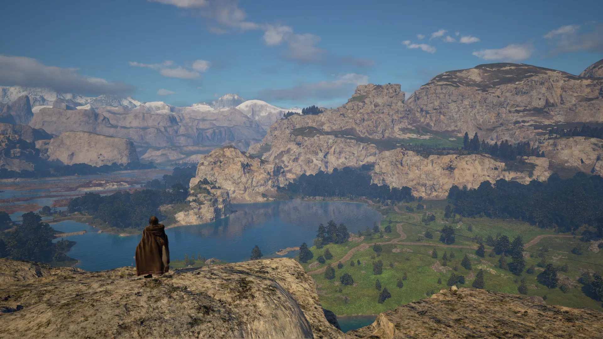 A character overlooking a lakeside settlement in Pax Dei.